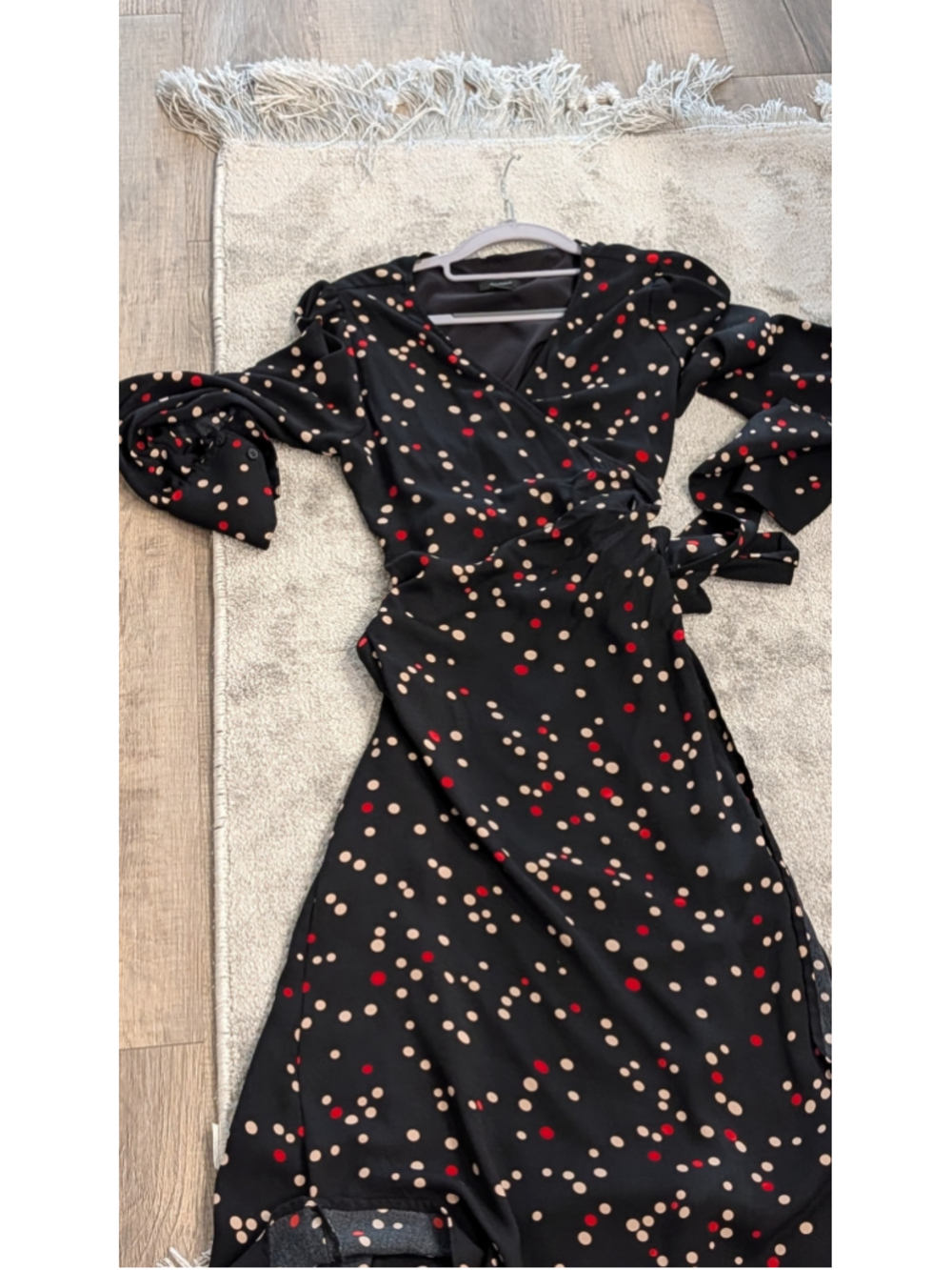 Halogen Black Polka Dot Faux Wrap Midi Dress Long Sleeve Tie Waist Size Small - Picture 6 of 9